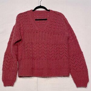 Handmade Women’s Hand Knit Pink V Neck Sweater L